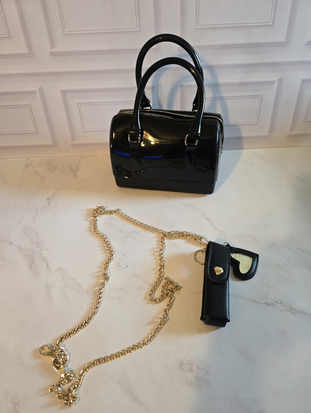 Black Mini Satchel Purse With Attachable Chain Handle And Pepper Spray Holder